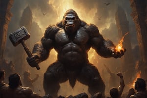wide angle shot , A king kong ready to fight with Mjölnir in one hand, cinematic warm color lighting,oil painting,GLOWING