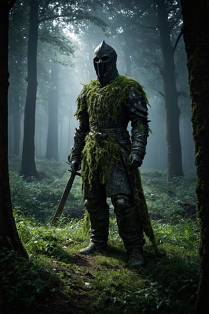 A cinematic still captures an ancient stone statue of a Dark Souls knight standing steadfast in a misty forest, reclaimed by nature. Algae and grasses writhe like tendrils across his weathered form, while his massive sword hangs heavy at his side. A thin rim of light cuts through the darkness, casting long shadows across his face. Framing: The statue stands at the forest's edge, with the mist swirling around him. Lighting: A soft, ethereal glow emanates from the whisper-like light, casting a warm ambiance amidst the desolate night. Composition: The knight's massive form dominates the frame, while the eerie forest surroundings create an atmosphere of mystery and foreboding.