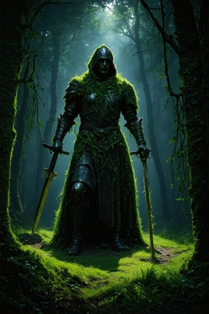 In a dense, dark forest, an ancient stone statue of a knight from the realm of Dark Souls rises from the underbrush. The once-noble figure is now shrouded in algae and grass, with vines wrapped around its armor like skeletal fingers. The knight's massive sword, worn by time and neglect, still grasped firmly in its hand. Nighttime falls across the scene, plunging the forest into an extreme darkness punctuated only by a narrow rim of light, casting the statue in an otherworldly glow.