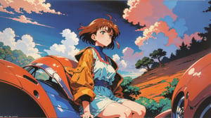 1990s anime style , retro , old look , grainy , a mature female with short hair , sitting , beautiful forrest landscape , abstract clouds , warm color tone,Retro