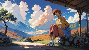 1990s anime style , retro , old look , grainy , a mature female with short hair , sitting , beautiful forrest landscape , abstract clouds , warm color tone,Retro