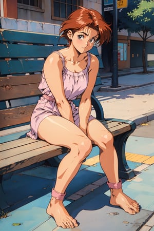 90s anime style , full body , old style dress , sitting on bench in a city , 1 women , portrait , ( bare legs , bareefeet:1.3) , 4k ,retro 90,1990s (style)