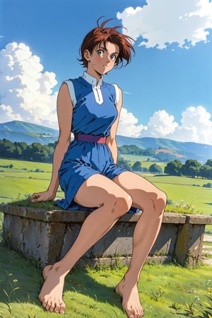 short hair , 90s anime style , full body ,old dress , sitting in a grassfield far away from city , 1 women , portrait , ( bare legs , bareefeet:1.3) , 4k ,retro 90,1990s (style)