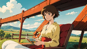 anime style , retro , old look , grainy , a mature female , sitting , beautiful landscape , abstract clouds , warm color tone