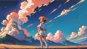 1990s anime style , retro , old look , grainy , a mature female with short hair , standing far away , beautiful forrest landscape , abstract clouds , warm color tone,Retro