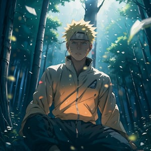 1boy , uzumaki naruto , naruto (series) , sitting on ground , from below , nike jordans , sony headphones ,
 
wild life , light coming from trees , abstract clouds

, masterpiece, best quality, very aesthetic, absurdres,Naruto uzumaki ,glowingdust