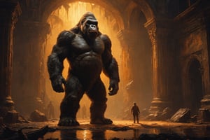 wide angle shot , A king kong standing far away,(closed mouth:1.2),movie still, cinematic warm color lighting,oil painting,GLOWING