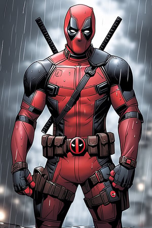 deadpool , hells gate background , rain , (masterpiece), (best quality), (ultra-detailed), very aesthetic, illustration , perfect composition, moist skin, intricate details,