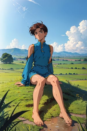 short hair , 90s anime style , full body ,kurta dress , sitting in a grassfield far away from city , 1 women , portrait , ( bare legs , bareefeet:1.3) , 4k ,retro 90,1990s (style)