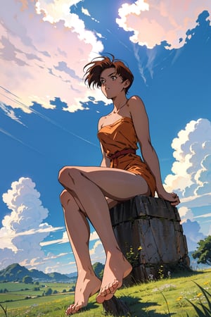 short hair , 90s anime style , full body ,old dress , sitting in a grassfield on a magical floating lang with abstract clouds , 1 women , portrait , ( bare legs , bareefeet:1.3) , 4k ,retro 90,1990s (style)