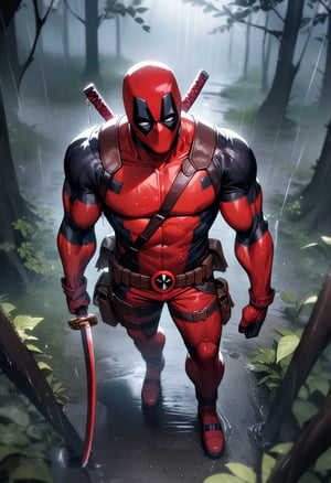 1boy, full body , deadpool , (holding a katana:1.1) , dark forest , from above , rain , (masterpiece), (best quality), (ultra-detailed), very aesthetic, illustration , perfect composition, moist skin, intricate details,