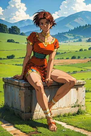 short hair , 90s anime style , full body , indian dress , sitting in a grassfield far away from city , 1 women , portrait , ( bare legs , bareefeet:1.3) , 4k ,retro 90,1990s (style)