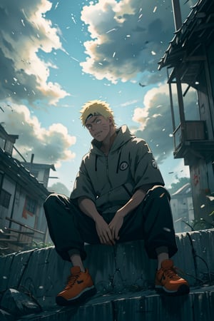 1boy , uzumaki naruto , naruto (series) , wearing nike jordans , sitting on road
 
 , abstract clouds

, masterpiece, best quality, very aesthetic, absurdres ,glowingdust