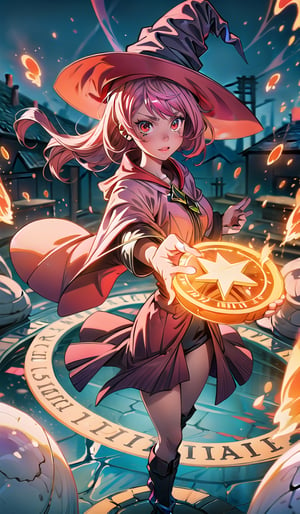 cute girl, pink hair, red eyes, fire witch, dinamic pose, blood, light particles, light rays, wallpaper, colorful, magic circle, witch hat, on a floating stone platform, colorful glare, flash, reflection,