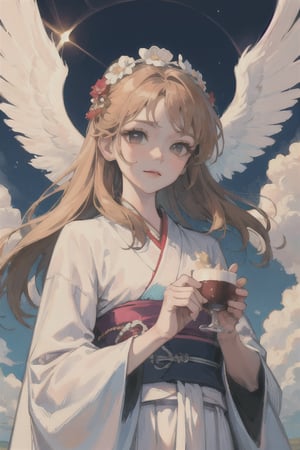 (masterpiece:1.2, best quality), 1lady, solo, Angelic messenger, Feathered wings, Celestial realm, Divine messages, Grace, Purity, Compassion, upper body, , sky, cloud, hanbok