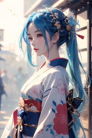 4k,1girl,high_res, rainbow theme, colorful theme, colorful kimono, astract background, trending on artstation, by wlop, traditional,  blue hair,japanese_clothes, traditional_japanese_clothes,1 girl,Dreamwave
