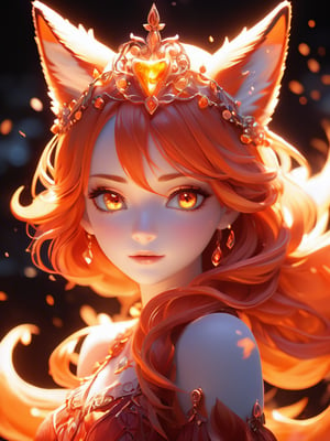 (cute flame foxy, flaming veins, flaming crown), red and orange tones, (masterpiece, best quality, ultra-detailed, best shadow), (detailed background, fantasy), princess cloth, (beautiful detailed face), high contrast, (best illumination, an extremely delicate and beautiful), ((cinematic light)), colorful, hyper detail, dramatic light, intricate details, (1girl, solo, red hair, sharp face, amber eyes, hair between eyes,dynamic angle), blood splatter, swirling black light around the character, depth of field, light particles,(broken glass),magic circle, (full body), Spirit Fox Pendant