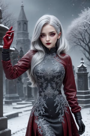 3D rendering style, beautiful female, oval face, silver hair, dark-red dress, gothic, intricated dress, long sleeves with red leather gloves, ((skin textures)), intricate details, micro details,  big breasts, winter, cemetery, snow particles, fog,sharp focus, canon 5D 75mm lens f2 1/1000, high_res 