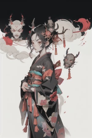Japanese demon girl, skull mask, wearing Kimono with ornamental decoration, background monster, anime style 