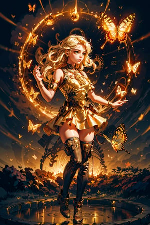 time traveler, cute girl, masterpiece, best quality, movie still, extremely detailed, area lighting in background, HD, 8k, 1girl, warm soft lighting, (sparks:1.1), light particles, volumetric lighting, ((gold dress, levitating, gold eyes, glowing energy)), blonde, longhair, action pose, belts, stockings, (clock), steampunk, (bright highlights, glare, glow amber gems, reflection), gears, binoculars, (butterflies, trails), Science Fiction