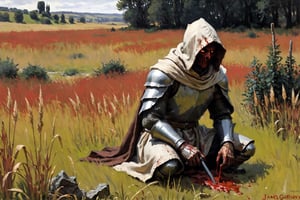 (rusted metal, hood:1.2) knight vast tall grass field with figure kneeling bloody with (hooded, faceplate) figure ,(art by James Gurney), eerie, thick_paint,(art by sargent), starved, robes, , pale, (bloody), defeated, , medieval, wounded, epic,impressionist painting, 