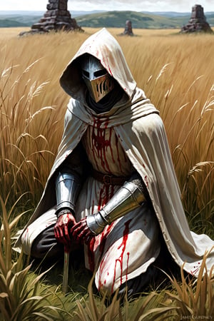 knight vast tall grass field with figure kneeling bloody with (hood, faceplate) figure ,(art by James Gurney), eerie, thick paint, close_up,(art by sargent), starved, robes, , pale, (bloody), ,newhorrorfantasy_style, Elden_ring, defeated, rusted, tarnished, medieval 