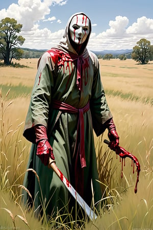 vast tall grass field with figure bloody with (headless, decapitated:1.4) figure ,(art by James Gurney), eerie, thick paint, close_up,(art by sargent), starved, robes, hatchet, pale, (bloody), ,newhorrorfantasy_style, Elden_ring