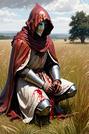 knight vast tall grass field with figure kneeling bloody with (hood, faceplate) figure ,(art by James Gurney), eerie, thick paint, close_up,(art by sargent), starved, robes, , pale, (bloody), ,newhorrorfantasy_style, Elden_ring, defeated, (rusted, tarnished:1.2), medieval 