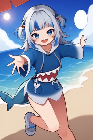 Gawr_Gura
gawr gura, 1girl, :d, beach, blue eyes, blue hair, blue hoodie, choppy bangs, fins, fish tail, grey hair, hair ornament, hood, hoodie, long hair, long sleeves, looking at viewer, multicolored hair, no pants, open mouth, reaching, reaching towards viewer, shark girl, shark hair ornament, shark tail, sharp teeth, shoes, smile, sneakers, solo, splashing, streaked hair, tail, teeth, two side up, virtual youtuber, white footwear, wide sleeves
BREAK
outdoors, beach, sand, ocean, sun, clouds, blue sky, bokeh, umbrella beach, depth of field, blurry background