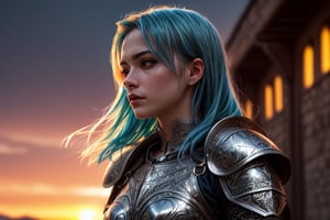 (masterpiece), (extremely intricate:1.3), (realistic), portrait of a girl with blue hair, the most beautiful in the world, (medieval armor), metal reflections, upper body, outdoors, intense sunlight, far away castle, professional photograph of a stunning woman detailed, sharp focus, dramatic, award winning, cinematic lighting, , volumetrics dtx, (film grain, blurry background, blurry foreground, bokeh, depth of field, sunset, motion blur:1.3), chainmail