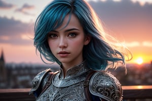 (masterpiece), (extremely intricate:1.3), (realistic), portrait of a girl with blue hair, the most beautiful in the world, (medieval armor), metal reflections, upper body, outdoors, intense sunlight, far away castle, professional photograph of a stunning woman detailed, sharp focus, dramatic, award winning, cinematic lighting, , volumetrics dtx, (film grain, blurry background, blurry foreground, bokeh, depth of field, sunset, motion blur:1.3), chainmail