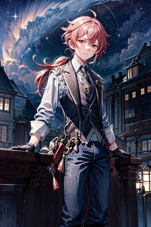 masterpiece, best quality,diluc (genshin impact), 1boy,no_humans,fate/stay background, (full shot:1.5), tall_male, pale skin, red eyes, long hair, bright red hair, hair goes down to the middle of the back, disdain face, white office shirt, long_sleeves, rolled-up_sleeves, black_vest, red_detailed_vest, regular jeans, black_jeans, detailed_jeans, wrist_length_gloves, black_gloves, dark_brown_boots, alley, nighttime, stars, stars in sky, background_sky, cloudy_skyd, clouds, shops, masterpiece, best quality, realistic, high_resolution, high quality, looking_at_viewer, support the back against the wall, face the camera, ,scenery, perfect face, 