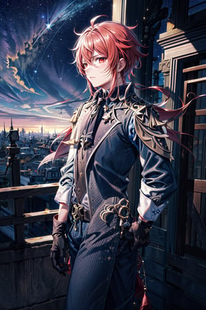 masterpiece, best quality,diluc (genshin impact), 1boy,no_humans,fate/stay background, (full shot:1.5), tall_male, pale skin, red eyes, long hair, bright red hair, hair goes down to the middle of the back, disdain face, white office shirt, long_sleeves, rolled-up_sleeves, black_vest, red_detailed_vest, regular jeans, black_jeans, detailed_jeans, wrist_length_gloves, black_gloves, dark_brown_boots, alley, nighttime, stars, stars in sky, background_sky, cloudy_skyd, clouds, shops, masterpiece, best quality, realistic, high_resolution, high quality, looking_at_viewer, support the back against the wall, face the camera, ,scenery, perfect face, 