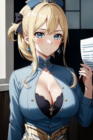 masterpiece, best quality, higher quality, ultra-detailed, cinematic lighting, 1girls, jean genshin impact, jean face, detailed_background, upper body, extremely detailed, gray blue eyes, medium length hair, gold blonde hair, light blue nurse outfit, nurse, v neck, cleavage, looking_at_viewe, standing, holding paper and pen, clinic, hospital, larg breast, sexy breast, perfect face, perfect body, nurse_cap, perfect eyes, ,jean (genshin impact), blue_earrings, close mouth, watch, negative_hand,