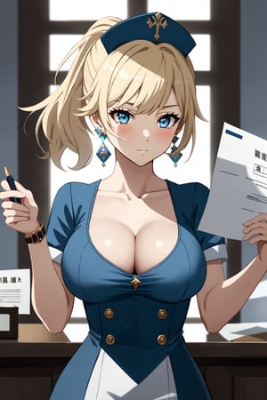 masterpiece, best quality, higher quality, ultra-detailed, cinematic lighting, 1girls, jean genshin impact, jean face, detailed_background, upper body, extremely detailed, gray blue eyes, medium length hair, gold blonde hair, light blue nurse outfit, nurse, v neck, cleavage, looking_at_viewe, standing, holding paper and pen, clinic, hospital, larg breast, sexy breast, perfect face, perfect body, nurse_cap, perfect eyes, ,jean (genshin impact), blue_earrings, close mouth, watch, negative_hand,