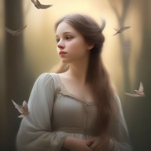 A highly detailed, realistic illustration of a young girl with an air of melancholy, depicted in a style that captures the essence of Renaissance portraiture. The girl should have subtle, downcast eyes that convey a hint of sadness, while her lips are delicately curved into a pensive expression. Her skin tone should be soft and natural, with a gentle flush on her cheeks. She should be dressed in a flowing, ethereal gown that adds an element of elegance and timelessness to the scene.

The girl's most distinctive feature is a pair of graceful, feathered wings emerging from her shoulder blades. These wings should exhibit intricate feather details, with a mix of earthy tones and subtle iridescence, resembling the wings of a mourning dove. The wings should appear slightly drooped, symbolizing a sense of longing or yearning.

The overall composition should have a warm, diffused lighting, casting soft shadows that enhance the depth and realism of the image. The background can be a serene, dreamlike landscape that complements the girl's mood, perhaps featuring a misty forest glade or a quiet meadow bathed in the warm hues of dawn or dusk.
