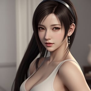 Create an alluring scene featuring Final Fantasy's Tifa, portrayed in a moment of quiet confidence and grace. Illustrate her standing before a mirror, her gaze captivatingly over her shoulder, as she delicately ties her long hair into a ponytail. Render the hairband gently held between her lips, adding an intriguing touch of charm to the scene.

Pay meticulous attention to detail as you bring out Tifa's character. Ensure that her attire and features remain true to her iconic image, blending strength with femininity.

Use lighting to create an ambiance that enhances her captivating presence, adding soft highlights and shadows that accentuate her features. Employ a color palette that complements her character while evoking a sense of elegance.