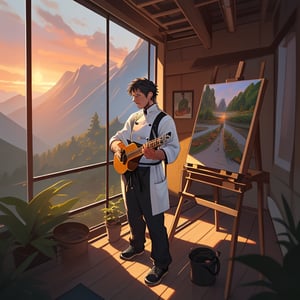 Create a heartfelt depiction of a man's journey in search of his path in life. Illustrate a series of scenes that showcase his exploration of various pursuits and endeavors. Begin with him standing at a crossroads, his face reflecting uncertainty yet determination. As the scenes unfold, show him engaged in different activities - a scientist in a laboratory, a musician strumming a guitar, a chef in a bustling kitchen, a painter before an easel.

Capture the evolving emotions on his face as he experiences moments of joy, frustration, and contemplation. Let the changing environments, from bustling cityscapes to serene nature settings, mirror the diversity of his pursuits. Incorporate subtle details that symbolize growth, such as a small plant sprouting in the background.

Throughout the series, emphasize the man's resilience and courage, even in the face of setbacks. Show his interactions with people he meets along the way - mentors, friends, and strangers who offer guidance and encouragement. As the final scene approaches, illustrate him on a mountaintop, looking out at a breathtaking sunset. The mix of experiences has led him to a place of clarity and inner peace, where he has found his true calling.

Capture the essence of this transformative journey with a blend of realism and emotion. Use lighting, colors, and facial expressions to convey the evolving stages of his quest. The overall composition should evoke a sense of hope, capturing the idea that the journey itself is an essential part of discovering one's purpose.