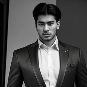 Craft a compelling portrayal of an enigmatic Asian hunk in a sleek suit, radiating an aura of coolness and strength. Illustrate him with a commanding presence, his demeanor exuding a calculated intensity while maintaining an air of mystery.

Detail the suit with precision, emphasizing its tailored elegance and sharp lines. The coldness of his expression should echo the sleekness of his attire, creating a seamless visual harmony.

Set the scene against a contemporary backdrop, perhaps a modern urban landscape or a sophisticated interior. Use a muted color palette that complements his demeanor, focusing on cool tones that echo his composed nature.

The Asian hunk's features should be chiseled and captivating, his gaze slightly serious and penetrating. His posture should project confidence and control, inviting intrigue from those who encounter his gaze.

Employ lighting to accentuate his strong jawline and define his facial contours. Utilize subtle shadows to highlight his enigmatic presence, creating an alluring play of light and darkness.

Capture an atmosphere that hints at the hidden depths within, while also showcasing his composed exterior. The cold and cool aesthetic should resonate through every element, from his expression to the setting, creating a captivating image that lingers in the mind.