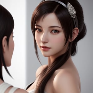 Create an alluring scene featuring Final Fantasy's Tifa, portrayed in a moment of quiet confidence and grace. Illustrate her standing before a mirror, her gaze captivatingly over her shoulder, as she delicately ties her long hair into a ponytail. Render the hairband gently held between her lips, adding an intriguing touch of charm to the scene.

Pay meticulous attention to detail as you bring out Tifa's character. Ensure that her attire and features remain true to her iconic image, blending strength with femininity.

Use lighting to create an ambiance that enhances her captivating presence, adding soft highlights and shadows that accentuate her features. Employ a color palette that complements her character while evoking a sense of elegance.