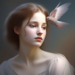 A highly detailed, realistic illustration of a young girl with an air of melancholy, depicted in a style that captures the essence of Renaissance portraiture. The girl should have subtle, downcast eyes that convey a hint of sadness, while her lips are delicately curved into a pensive expression. Her skin tone should be soft and natural, with a gentle flush on her cheeks. She should be dressed in a flowing, ethereal gown that adds an element of elegance and timelessness to the scene.

The girl's most distinctive feature is a pair of graceful, feathered wings emerging from her shoulder blades. These wings should exhibit intricate feather details, with a mix of earthy tones and subtle iridescence, resembling the wings of a mourning dove. The wings should appear slightly drooped, symbolizing a sense of longing or yearning.

The overall composition should have a warm, diffused lighting, casting soft shadows that enhance the depth and realism of the image. The background can be a serene, dreamlike landscape that complements the girl's mood, perhaps featuring a misty forest glade or a quiet meadow bathed in the warm hues of dawn or dusk.
