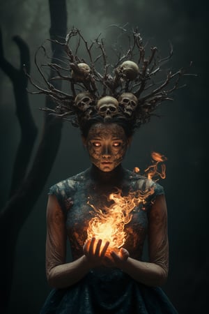 Generate hyper realistic image of a dark, haunting woman with macabre and mystical features. Her face is eerie and skeletal, covered in intricate patterns that resemble roots and vines, giving it a decaying, earthy appearance. Her eyes glow a bright, fiery orange. She is wearing crown-like headpiece made of twisted branches and skulls. The branches fan out from her head, some of them resembling gnarled tree roots, while numerous skulls are embedded within the design. Her clothing is dark and lacy, resembling an ancient, decayed wedding dress. The delicate lace details are contrasted by the rough, bark-like textures that blend into her skin. Her hands are elongated and bony, with sharp, claw-like fingers. Her body is mostly obscured by her dark clothing and the glowing energy she manipulates. The background is dark and shrouded in mist, with faint outlines of twisted trees and decaying branches.,Magicallights,divinelights