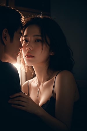 (((Girl making love to a guy))), soft light, rim light, beautiful shadow, low key, (photorealistic, raw photo:1.2), (natural skin texture, realistic eye and face details), hyperrealism, ultra high res, 4K, Best quality, masterpiece, necklace,in the dark,