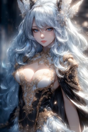 masterpiece, best quality, ultra detailed, cute, beautiful, 1 girl, Detailedface, petite, big_breasts, Close-up view. (dynamic pose), detailed dress, armor, skirt, hentai style, half black (top) and half white hair (bottom), silver bronze eyes, cute_eyes, detailed snowy castle, (high detailed skin:1.2),8K UHD,dslr,soft lighting,high quality,film grain, Fujifilm XT3,1 girl,yuzu