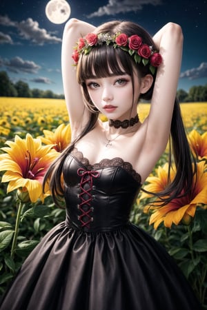 flower, red flower, moon, rating:safe, red rose, 1girl, full moon, spider lily, rose, head wreath, flower field, black hair, dress, hair flower, solo, flower wreath, outdoors, looking at viewer, cross, field, long hair, arms up, jewelry, sky, choker, makeup, lips, yellow flower, arms behind head, black dress, orange flower, lipstick, bangs, hair ornament, black eyes, white flower, red lips, armpits, strapless dress, open mouth, necklace, cloud, elbow gloves, holding flower, gloves, night, bare shoulders, hibiscus, strapless, camellia, twintails, collarbone, blunt bangs, bouquet, day, black gloves, teeth, breasts, lily \(flower\), purple flower, sleeveless dress, detached sleeves, red moon, gothic, flat chest, pink flower,((pale skin:1.2))