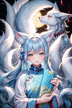 (White background:1.4),(The face of the girl's head, Eyes open, blue long hair,White fox ears,There are nine fluffy fox tails, Oriental elements),(Chinese illustration:1.3,paper art:1.3, Quilted paper art:1.2),( reasonable design, Clear lines, High sharpness,Best quality, Very detailed, Masterpiece, movie light effect, 4K )