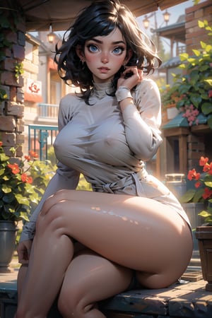 (masterpiece:1.2, best quality:1.2, beautiful, high quality, highres:1.1, aesthetic), detailed, extremely detailed, ambient soft lighting, 4K, perfect eyes, perfect face, perfect lighting, 1girl, solo, huge breasts, narrow waist, wide hips, thick thighs, curvy, sitting, crossed legs, looking at viewer, garden background, outdoors