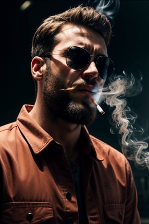 A bearded young man smoking a cigarette in a blood-soaked shirt with sun glasses, many lights, cinematic, photorealistic