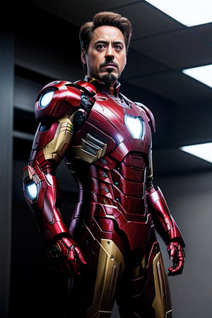 Robert Downey Jr. posing with his Iron Man suit, confident, charismatic, heroic, cool, red, DSLR camera, wide-angle lens, afternoon, 10 feet, action shot, by Annie Leibovitz.