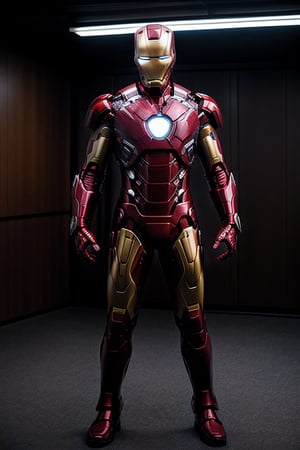 Robert Downey Jr. posing with his Iron Man suit, confident, charismatic, heroic, cool, red, DSLR camera, wide-angle lens, afternoon, 10 feet, action shot, by Annie Leibovitz.